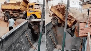 Caçamba desgovernada atinge muro de caso em cidade do interior da Bahia