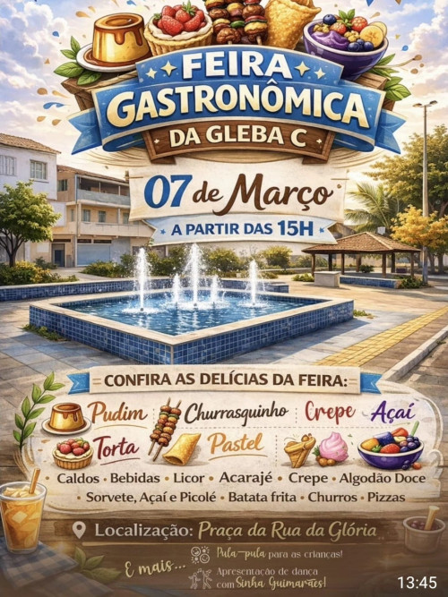 Feira Gastronômica da Gleba C terá música ao vivo, comidas típicas e diversão para as crianças neste sábado (7) 🎶🍔🍧